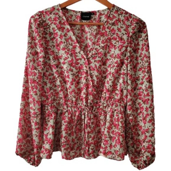 Cliche Tops - Cliche Women's V-Neckline Tie-Waist Ditsy Floral Long Sleeve Blouse Red Small